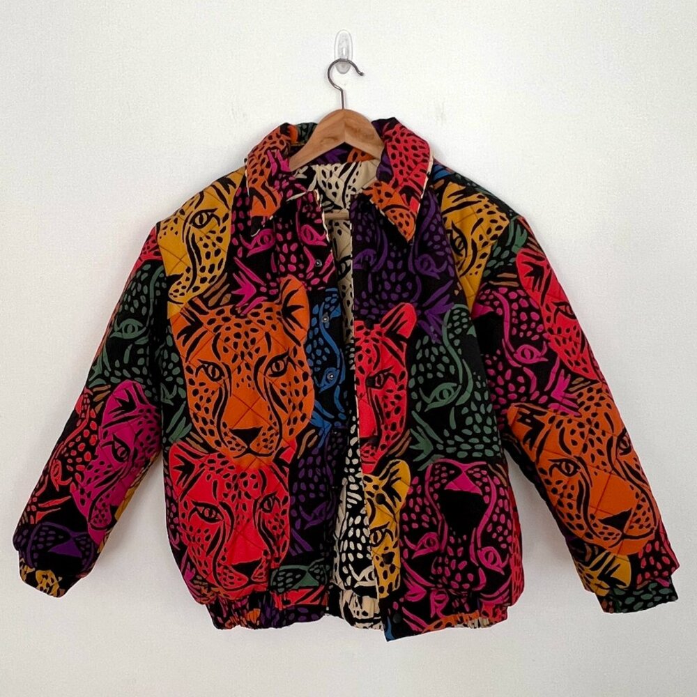 FARM Rio Midnight Leopards Quilted Reversible Puffer Jacket Small.